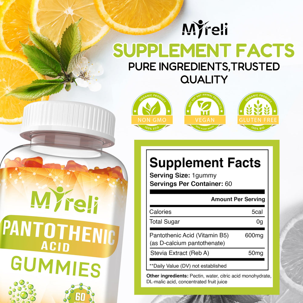 Packaging for MYRELI Pantothenic Acid Gummies emphasizes gelatin free vegetarian option.
