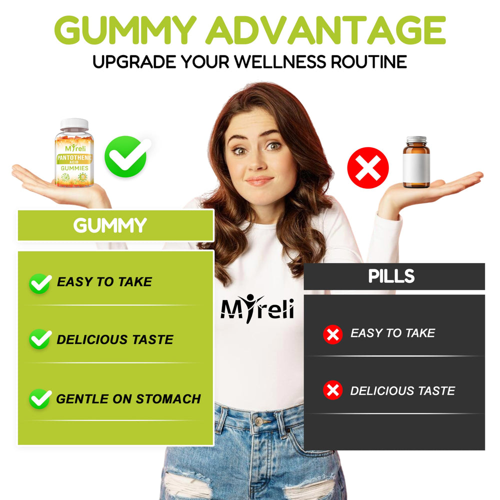 MYRELI Pantothenic Acid Gummies vegetarian formula suitable for plant based shoppers.