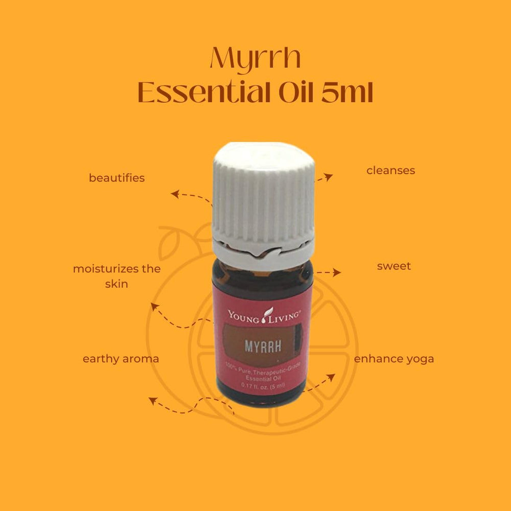 Myrrh Essential Oil 5ml bottle close-up with dropper for skincare use.