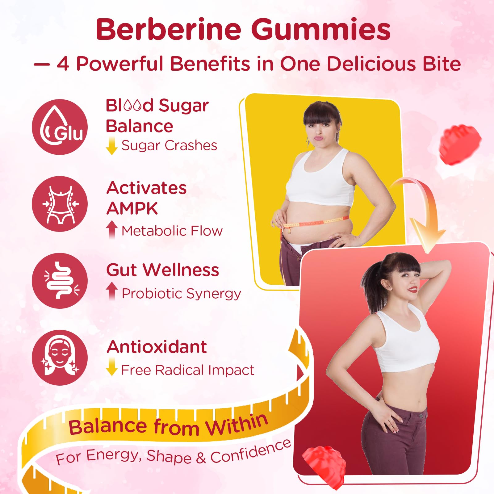 Myrtaverde Berberine Gummies closeup of chewy mixed-berry gummies for steady energy.