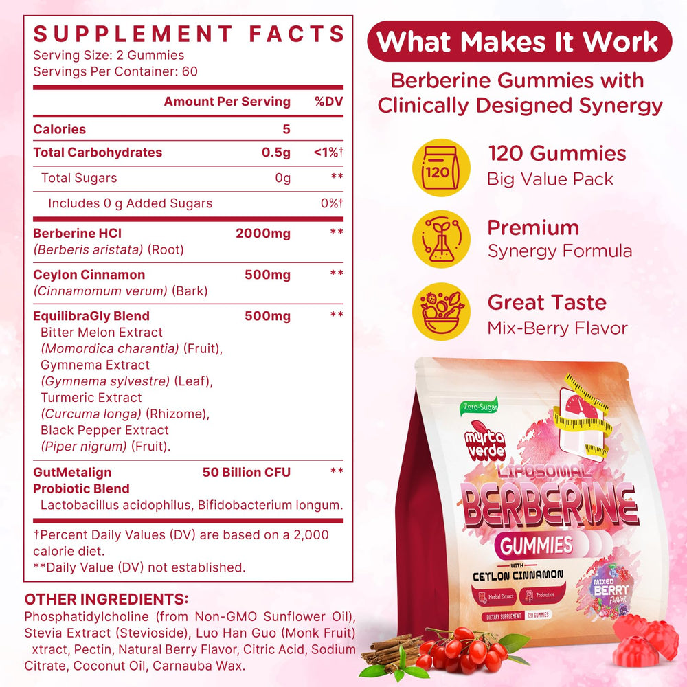 Myrtaverde Berberine Gummies mixed-berry flavor close-up showing smooth texture for daily enjoyment.