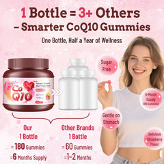 Myrtaverde CoQ10 Gummies bottle back showing omega-3 and vitamin E details.