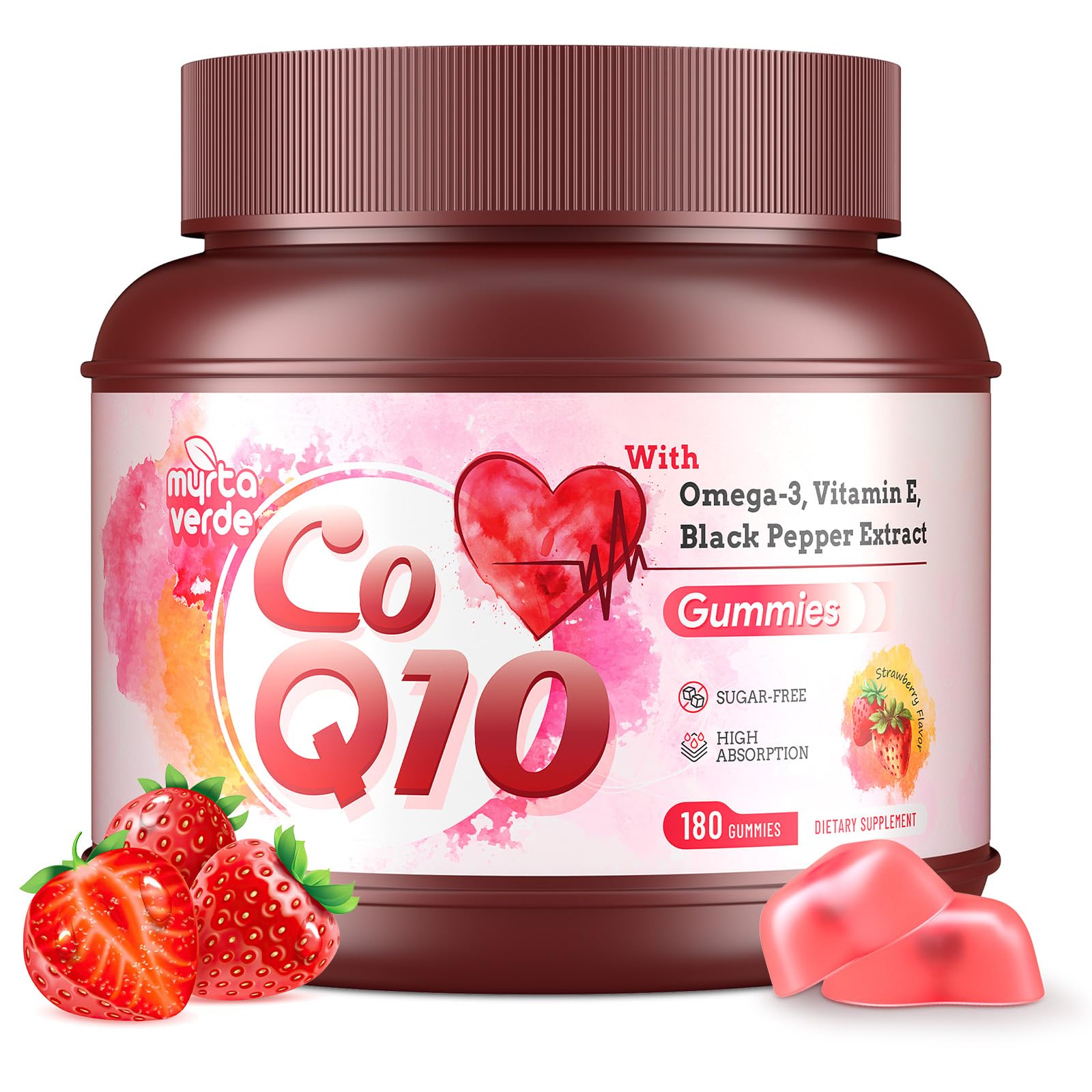 Myrtaverde CoQ10 Gummies jar front with strawberry flavor for daily energy support.