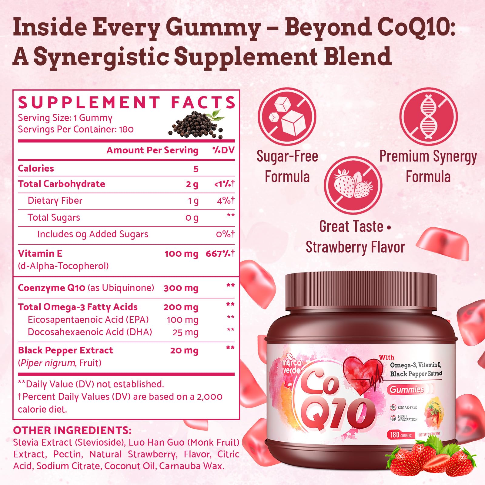 Myrtaverde CoQ10 Gummies package with ingredients list and nutrition facts.