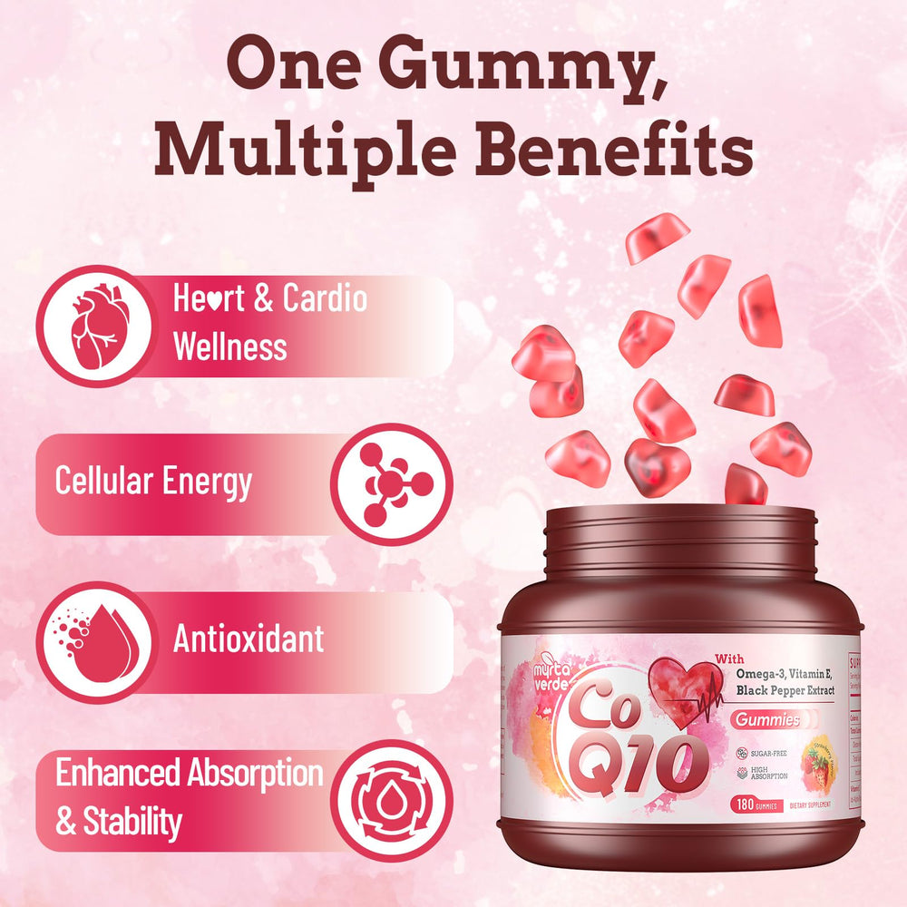 Myrtaverde CoQ10 Gummies strawberry flavor for a tasty daily boost.