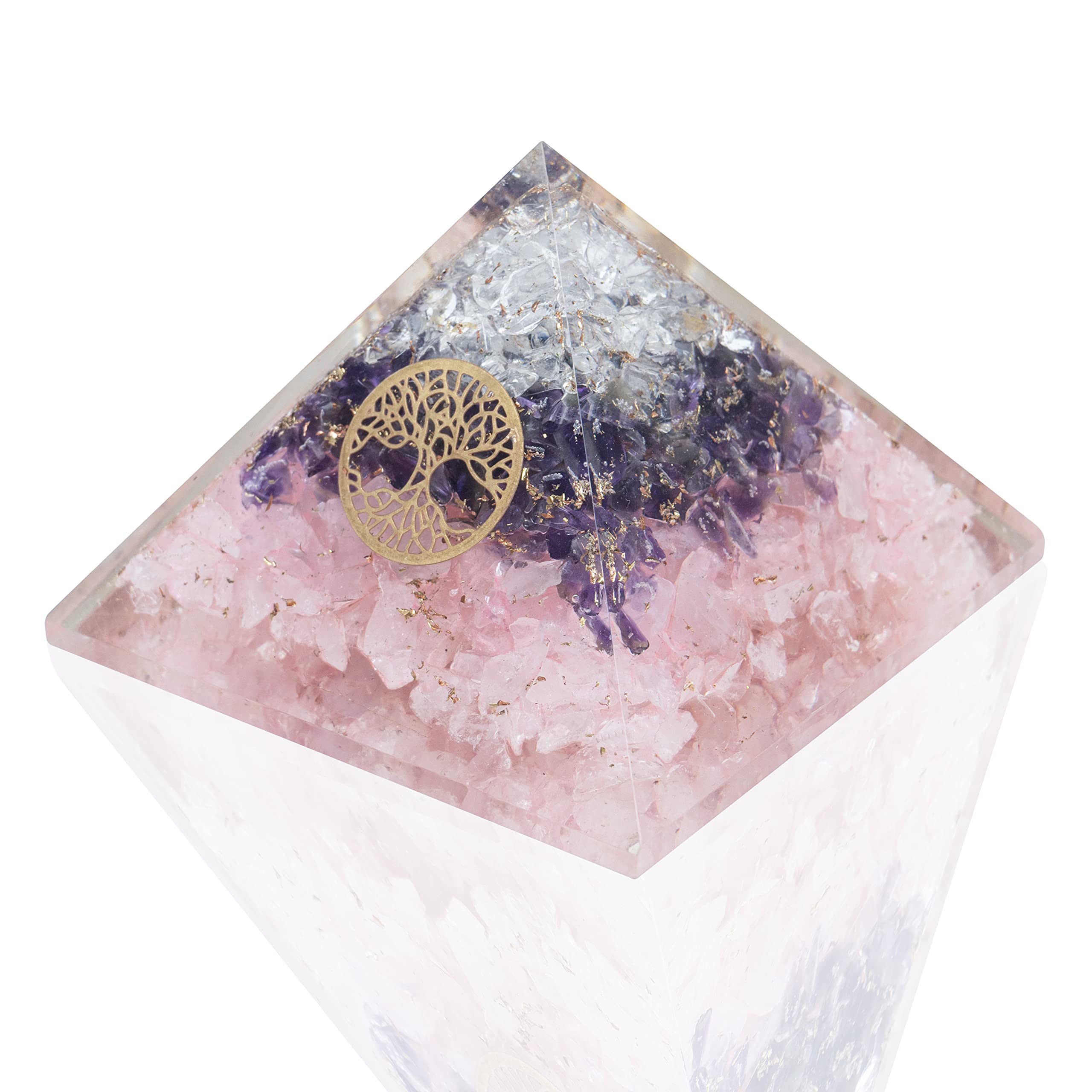 Mystic Gleam amethyst-rose-quartz orgone pyramid front view for meditation and balance