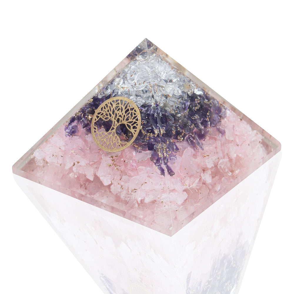 Mystic Gleam amethyst-rose-quartz orgone pyramid front view for meditation and balance