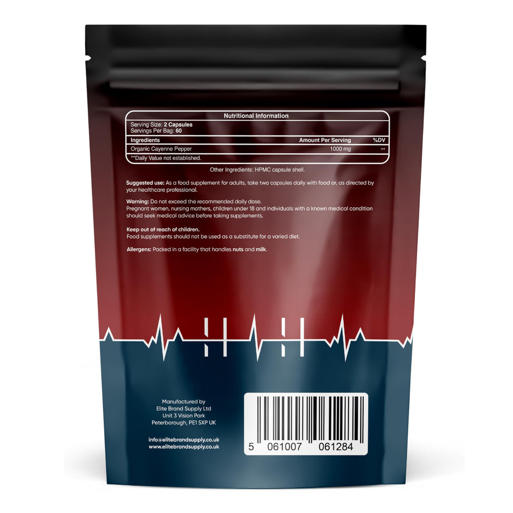Mystic Nature Cayenne capsules bottle back showing dosage and vegan, non-GMO notes.