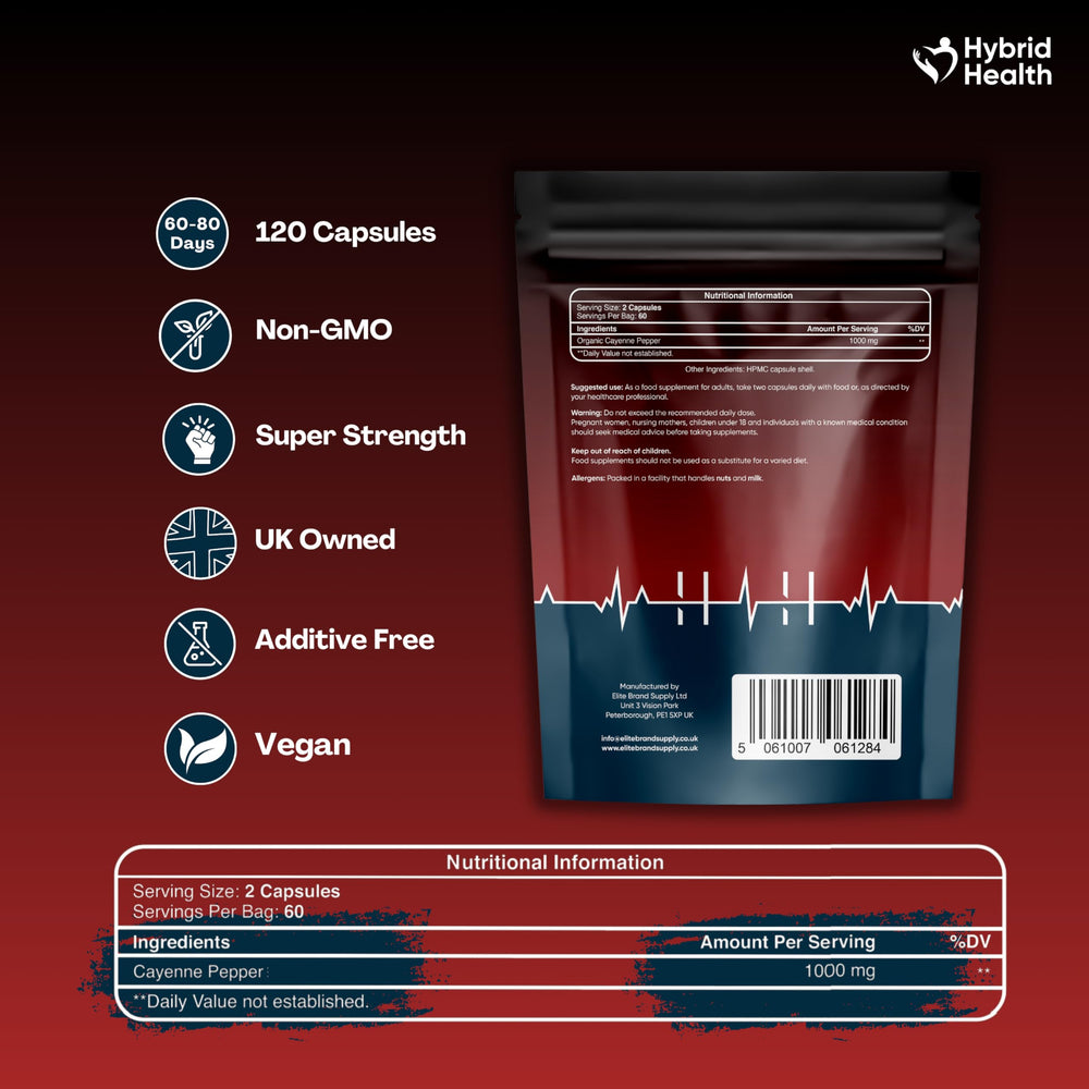 Mystic Nature Cayenne capsules label detail featuring 1000MG potency for trusted strength.