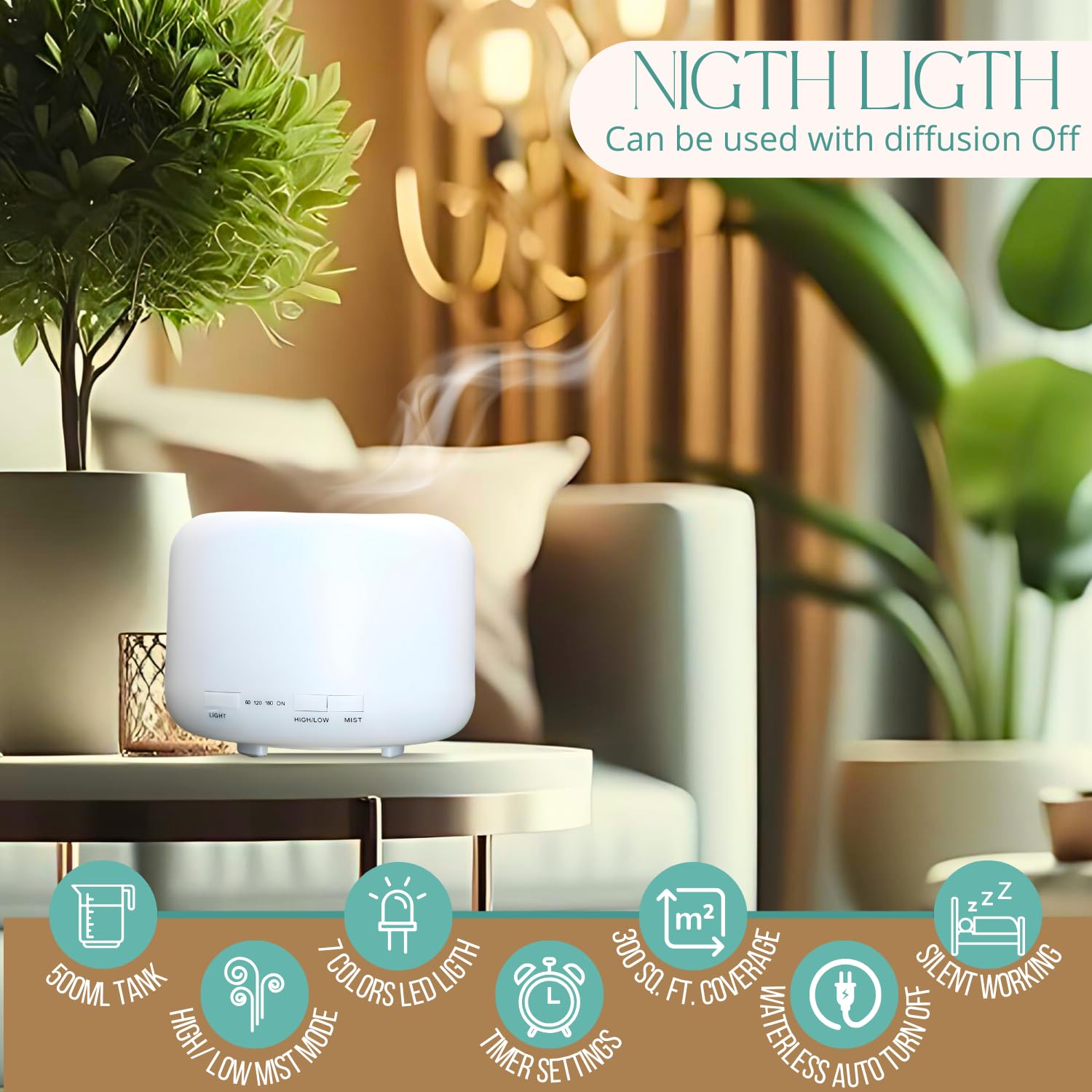 Mystic Romance diffuser offers seven LED color options for mood lighting