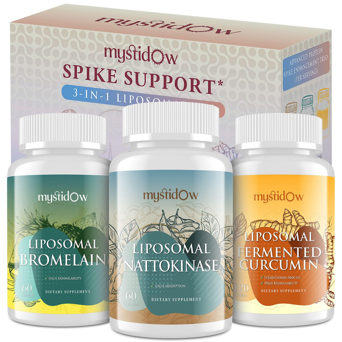 Mystidow Spike Support Trio bottle with liposomal formula promoting enhanced nutrient delivery.
