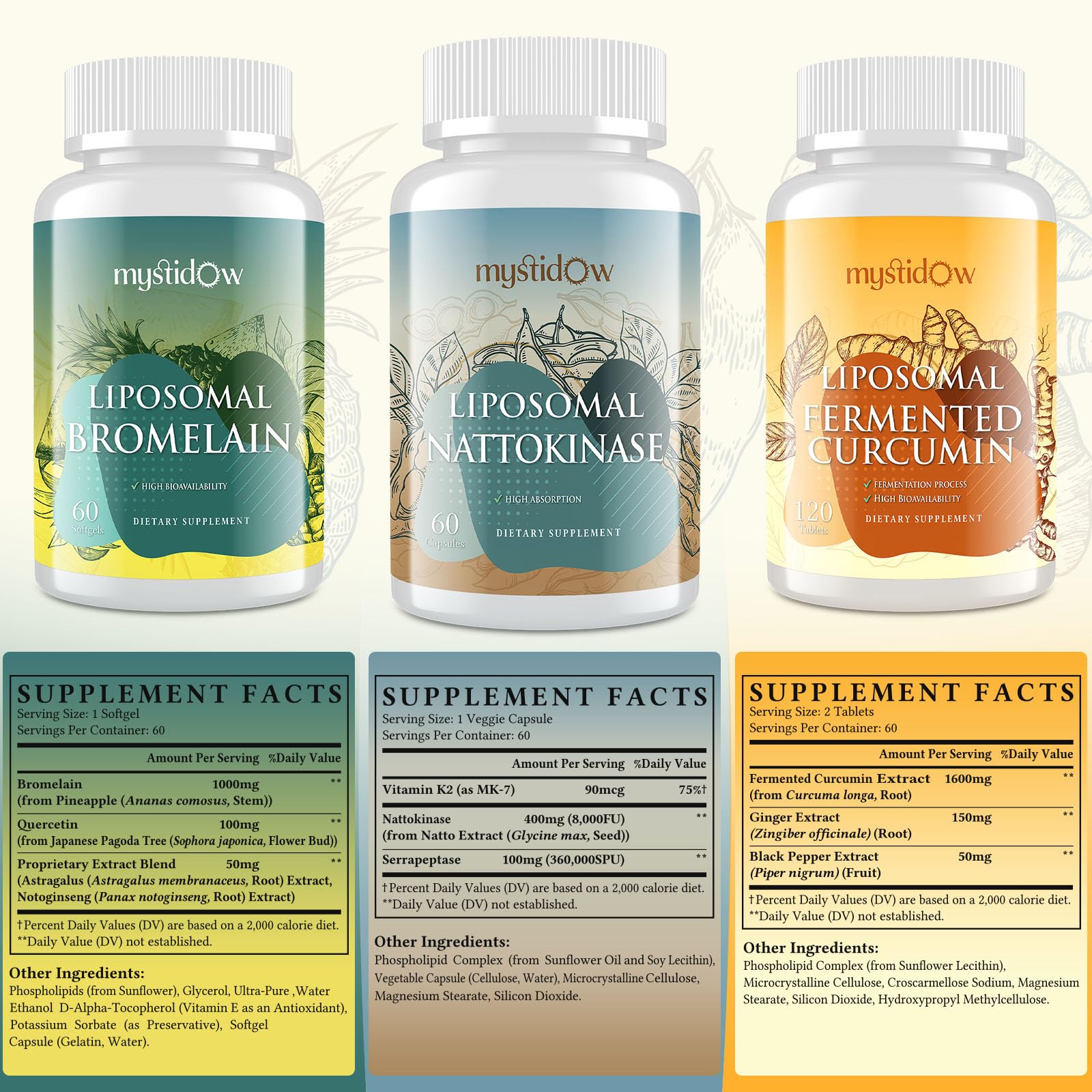 Mystidow Spike Support Trio capsules—potent enzymes and curcumin for daily wellness.
