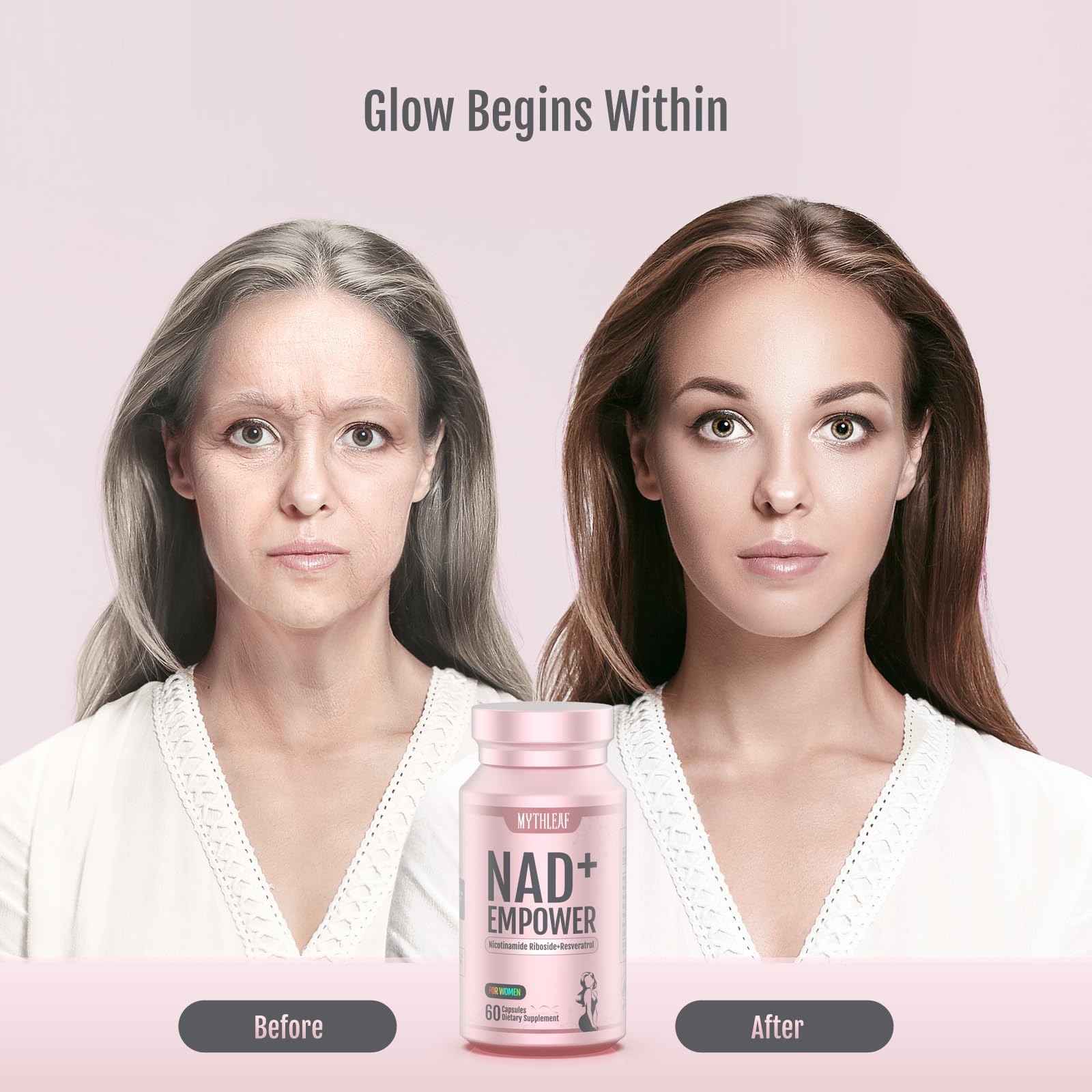 MythLeaf NAD+ packaging reveals a rose-gold bottle and premium wellness.