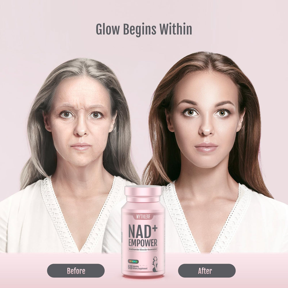 MythLeaf NAD+ packaging reveals a rose-gold bottle and premium wellness.