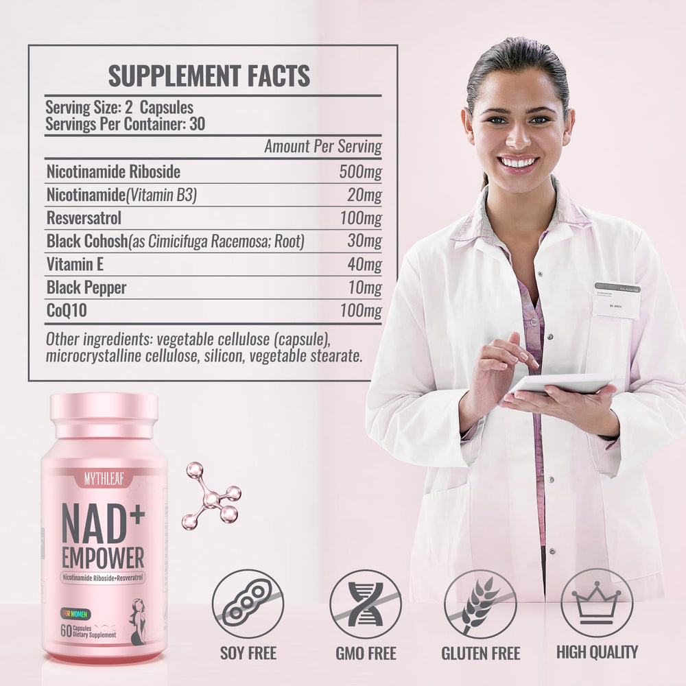 MythLeaf NAD+ for Women capsules arranged to show convenient daily balance.