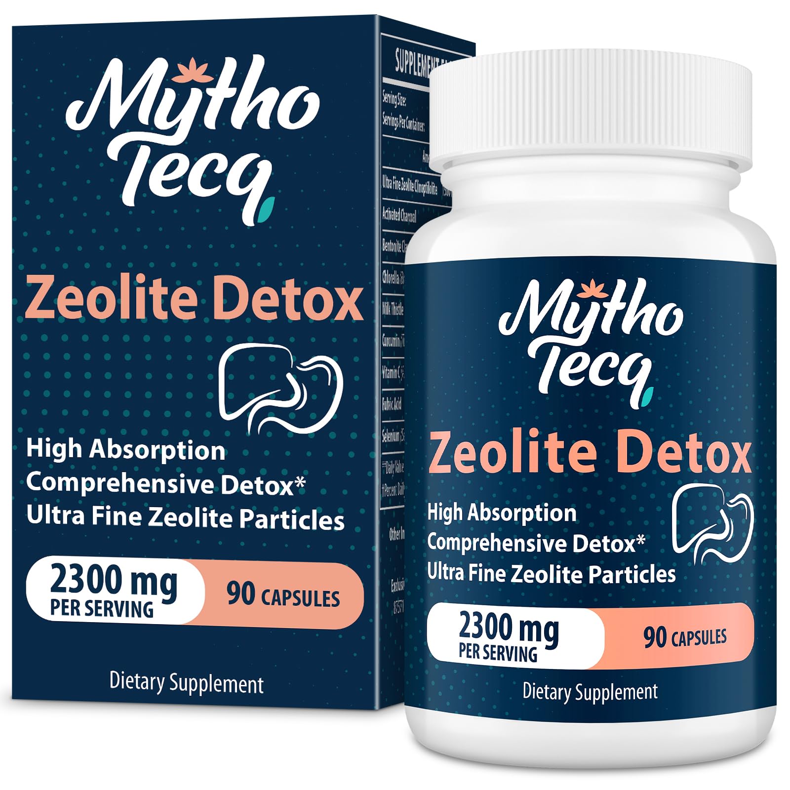 MythoTecq zeolite detox bottle highlights high-concentration formula for daily wellness.