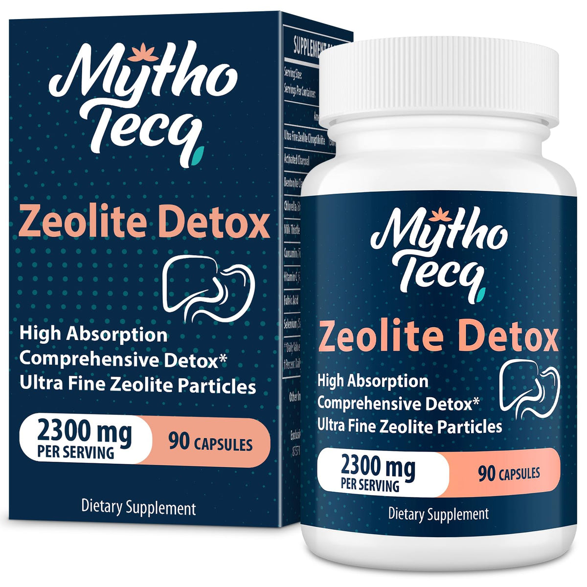 MythoTecq zeolite detox bottle highlights high-concentration formula for daily wellness.