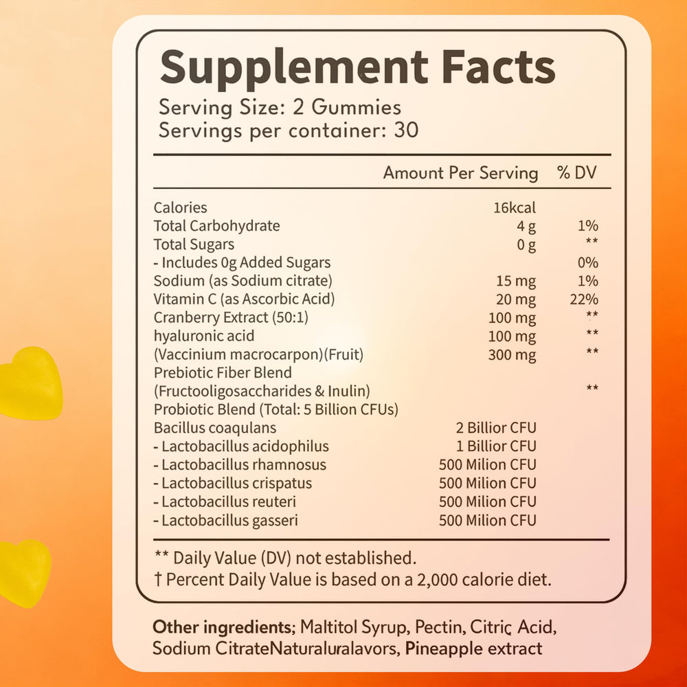 MZXDXZE Flora Plus Gummies bottle back highlights ingredients and probiotic blend for pH balance.