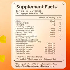 MZXDXZE Flora Plus Gummies bottle back highlights ingredients and probiotic blend for pH balance.