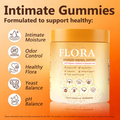 MZXDXZE Flora Plus Gummies packaging emphasizes 60-count bottle and portable, convenient daily care.