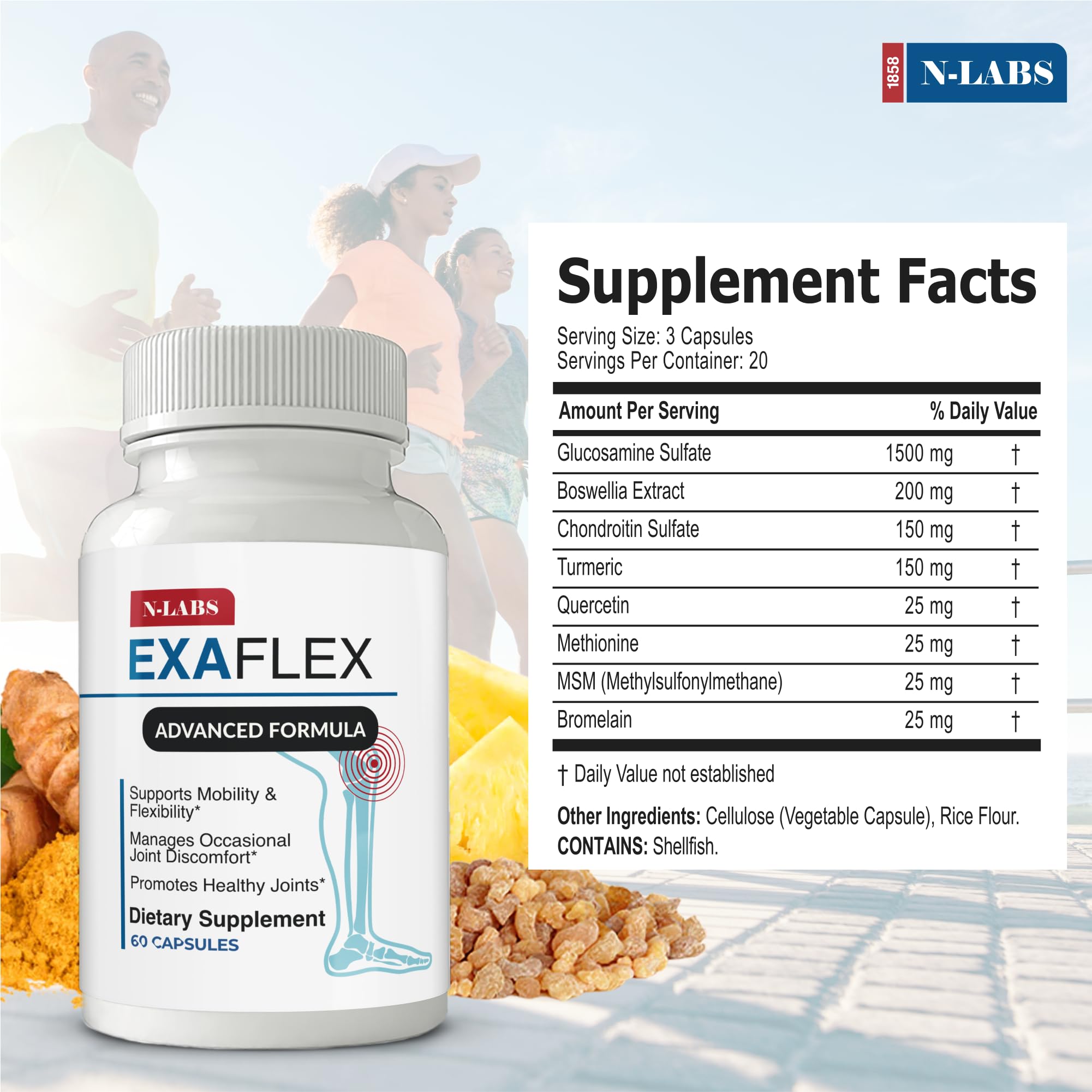 Close-up of ExaFlex capsules highlighting eight-ingredient formula for joints