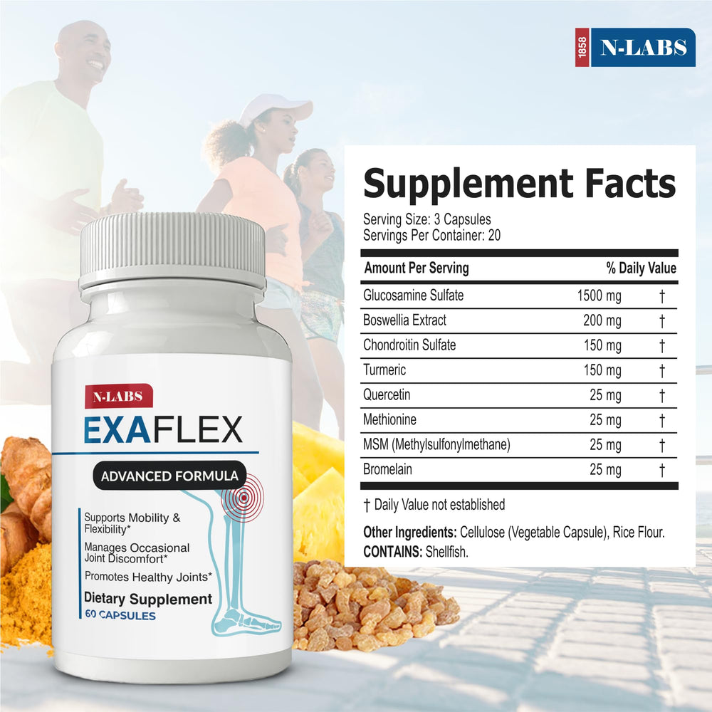 Close-up of ExaFlex capsules highlighting eight-ingredient formula for joints