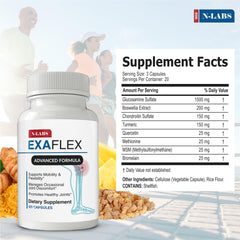 Close-up of ExaFlex capsules highlighting eight-ingredient formula for joints