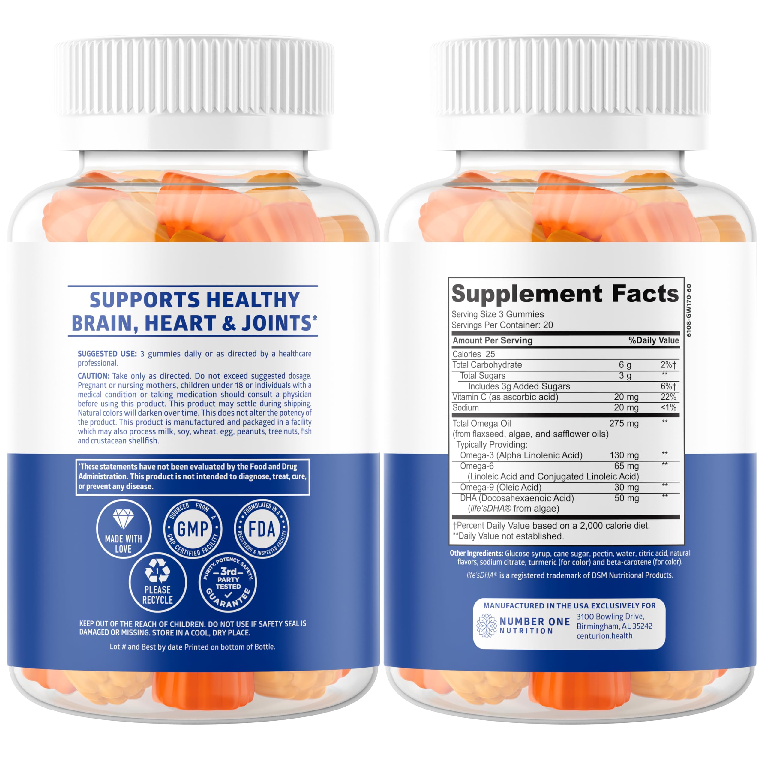 N1N Premium Omega 3-6-9 DHA Gummies bottle back with ingredient notes and vegan DHA source for memory support