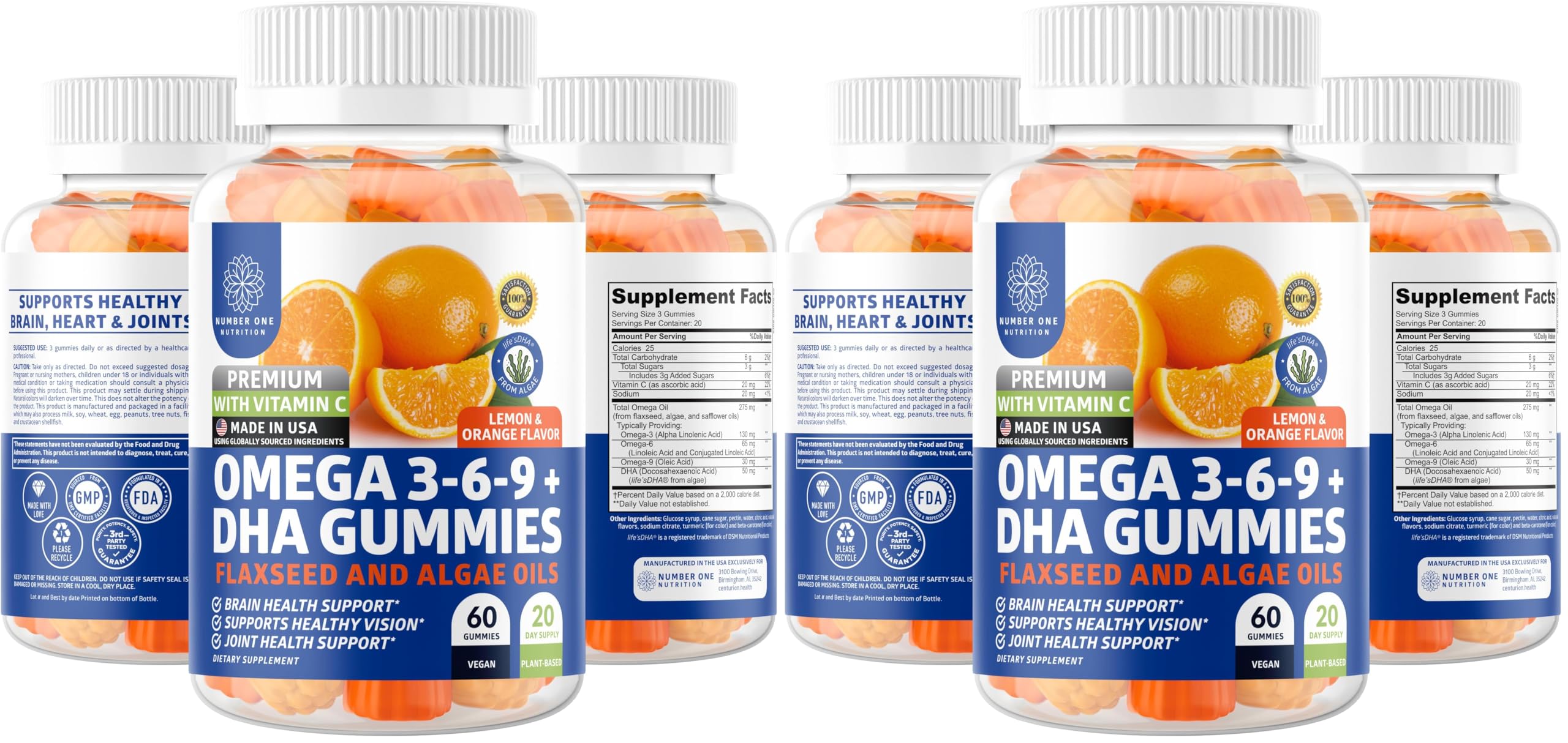 N1N Premium Omega 3-6-9 DHA Gummies bottle front highlighting plant-based formula for brain and immunity