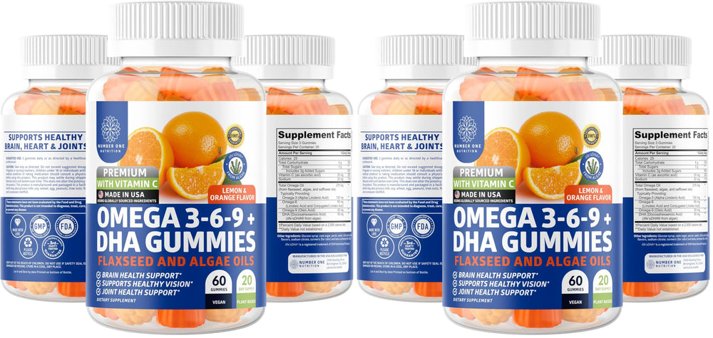 N1N Premium Omega 3-6-9 DHA Gummies bottle front highlighting plant-based formula for brain and immunity