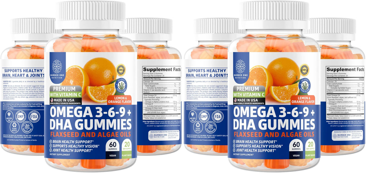 N1N Premium Omega 3-6-9 DHA Gummies bottle front highlighting plant-based formula for brain and immunity
