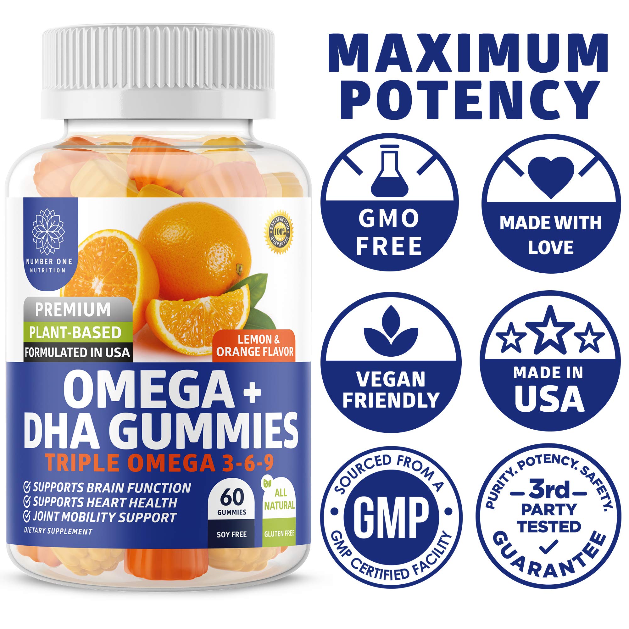 N1N Premium Omega 3-6-9 DHA Gummies packaging display box emphasizing vegan formula and 60 gummies per pack