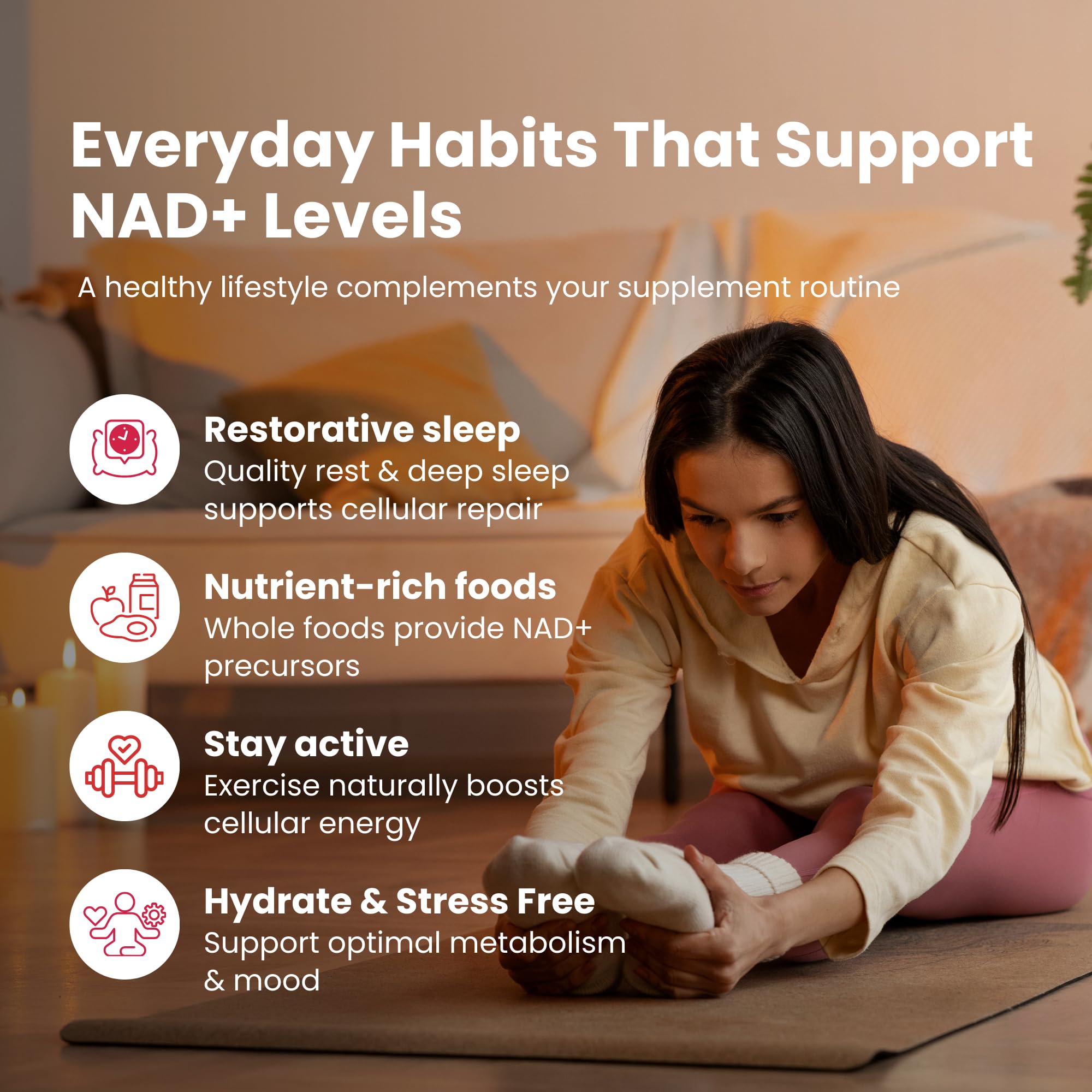 NAD PLUS daily wellness routine featuring NAD-TO-GO sachets