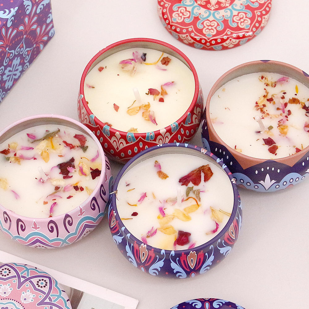 Naimo violet scented candle tin creates intimate, soothing twilight ambiance.