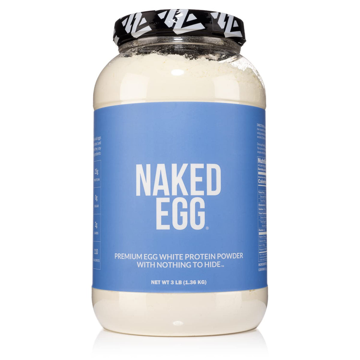 NAKED 3LB egg white protein tub showing clean label and packaging for high-quality protein sourcing.
