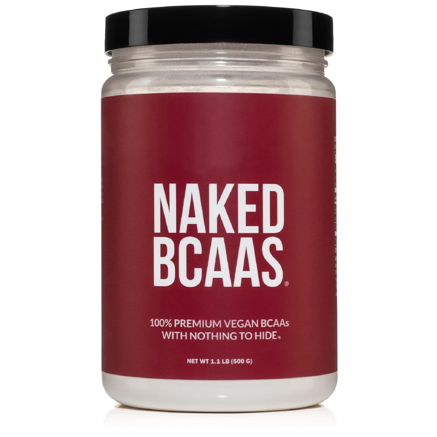 NAKED BCAAs bottle with powder for clean pre- and post-workout use.