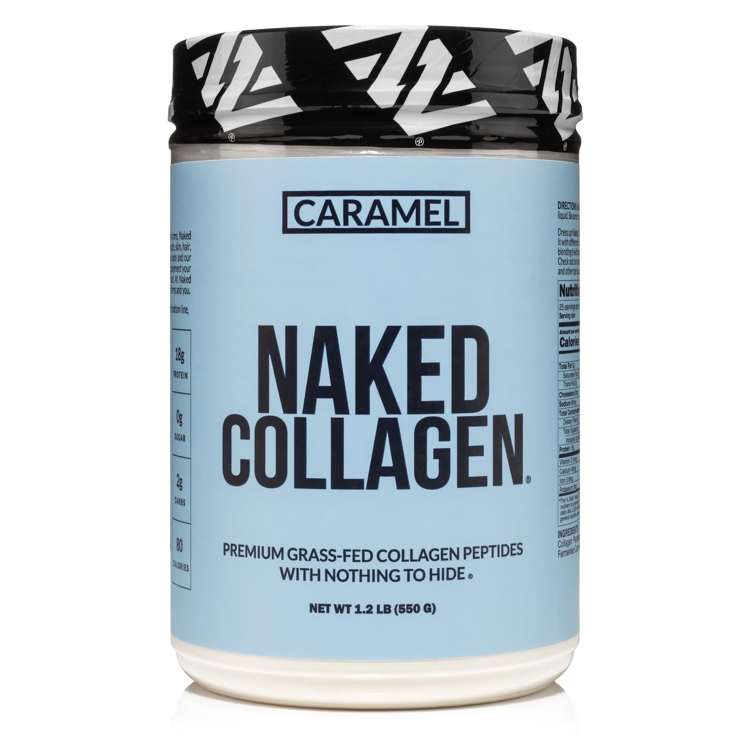 Naked Caramel Collagen Peptides bottle highlighting grass-fed formula for joints