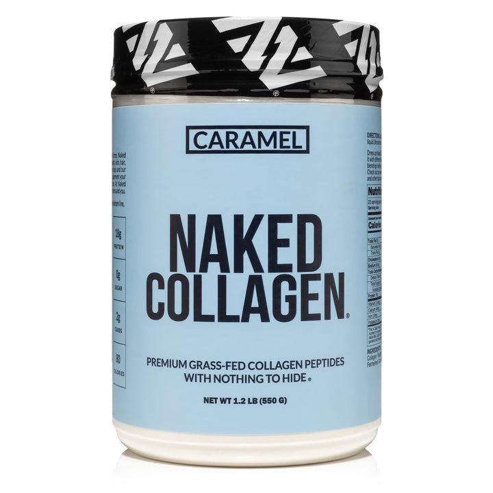 Naked Caramel Collagen Peptides bottle highlighting grass-fed formula for joints