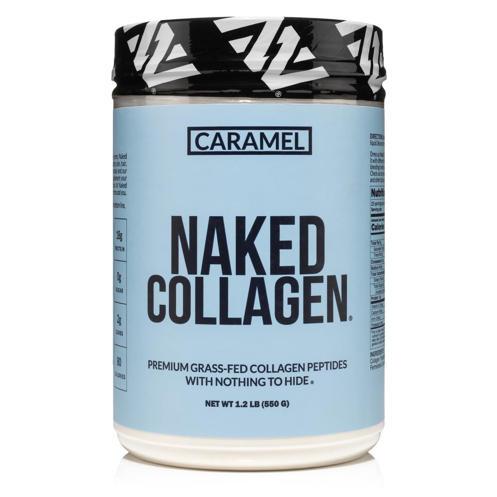 Naked Caramel Collagen Peptides bottle highlighting grass-fed formula for joints
