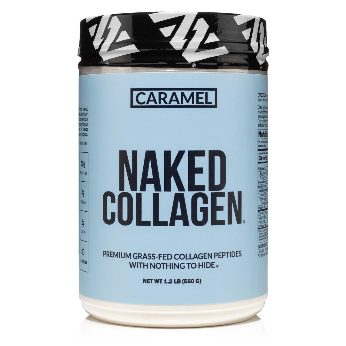 Naked Caramel Collagen Peptides bottle highlighting grass-fed formula for joints