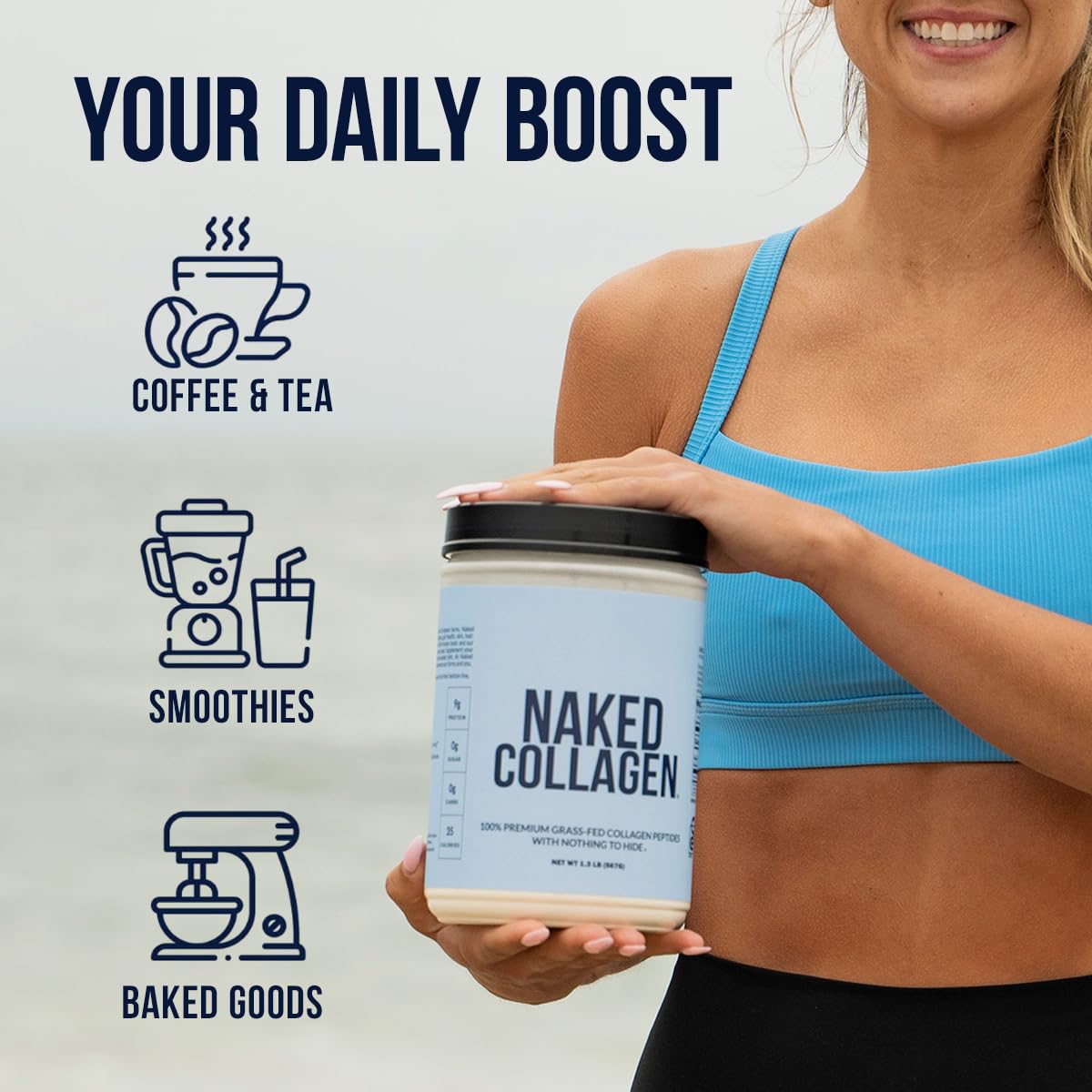 Naked Caramel Collagen Peptides bottle beside smoothie for quick protein boost