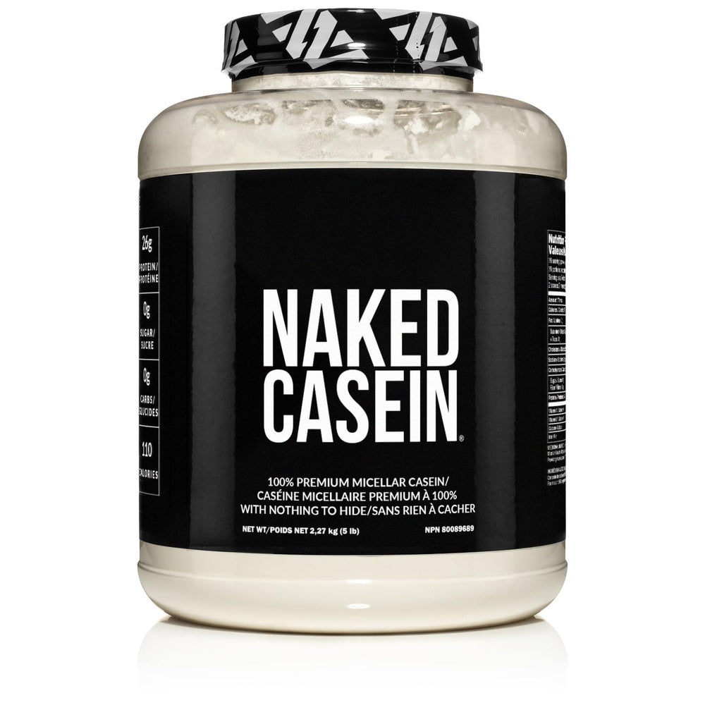 NAKED Casein powder container shows clean, single-ingredient protein ideal for overnight recovery