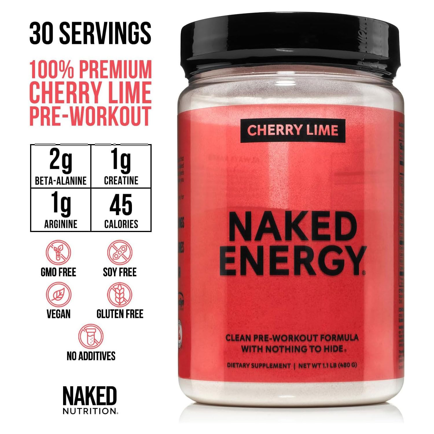 NAKED Cherry Lime Energy powder being dispensed for a pre-workout mix.