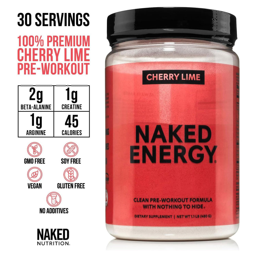 NAKED Cherry Lime Energy powder being dispensed for a pre-workout mix.