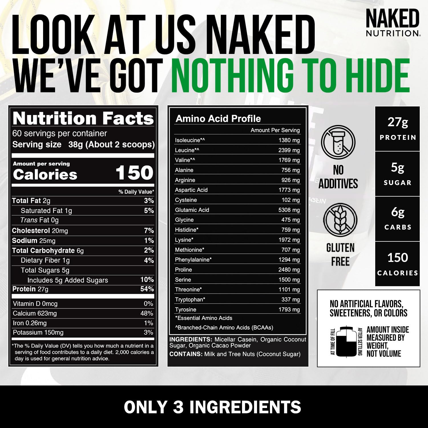 NAKED Chocolate Casein canister label close-up highlighting ingredients.