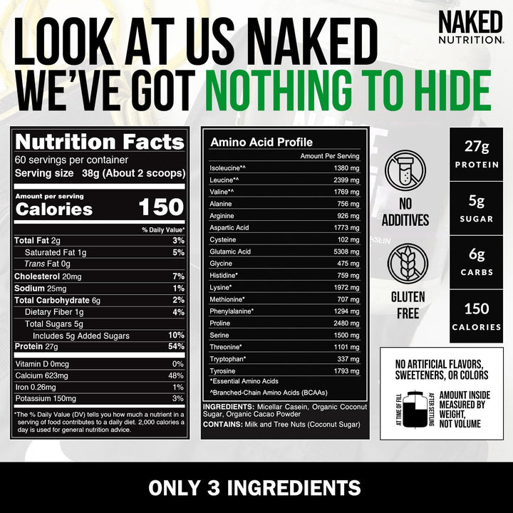 NAKED Chocolate Casein canister label close-up highlighting ingredients.