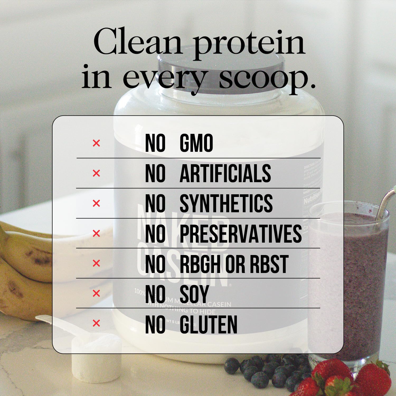 NAKED Chocolate Casein ingredients panel shows three-ingredient formula.