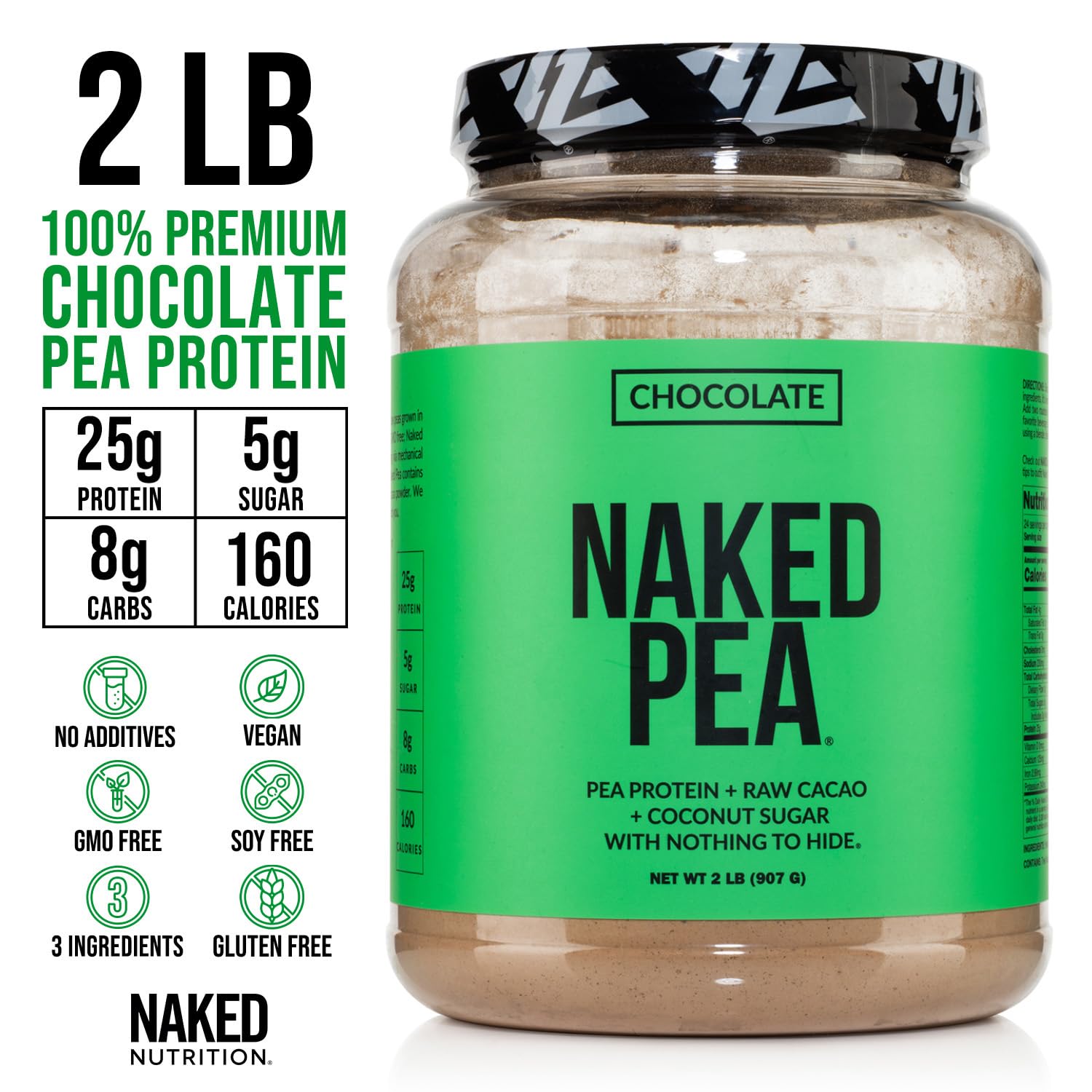 Ingredients panel of NAKED Chocolate Pea Protein highlighting three-ingredient base