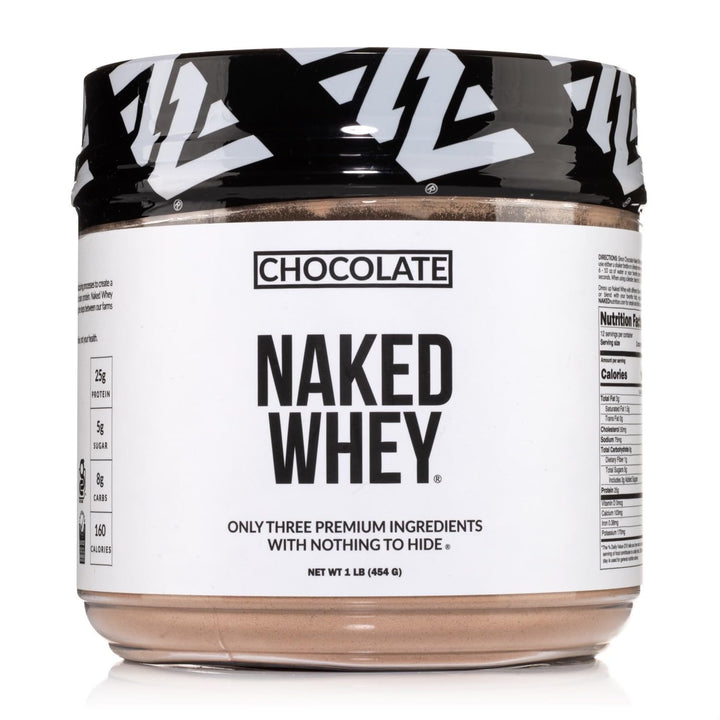 NAKED Chocolate Whey 1LB packaging shows a clean three-ingredient protein formula for shakes