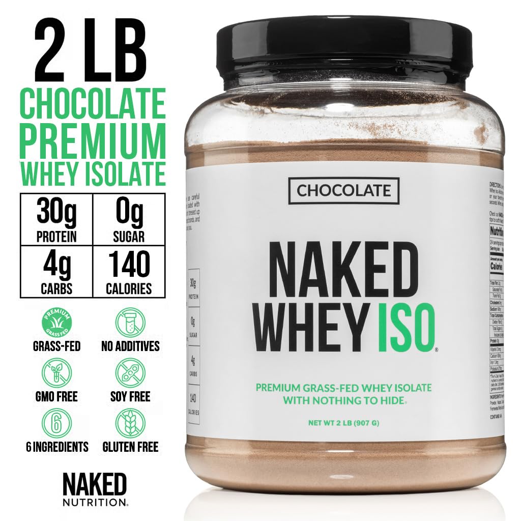 NAKED Chocolate Whey Isolate bag and label highlighting six premium ingredients.